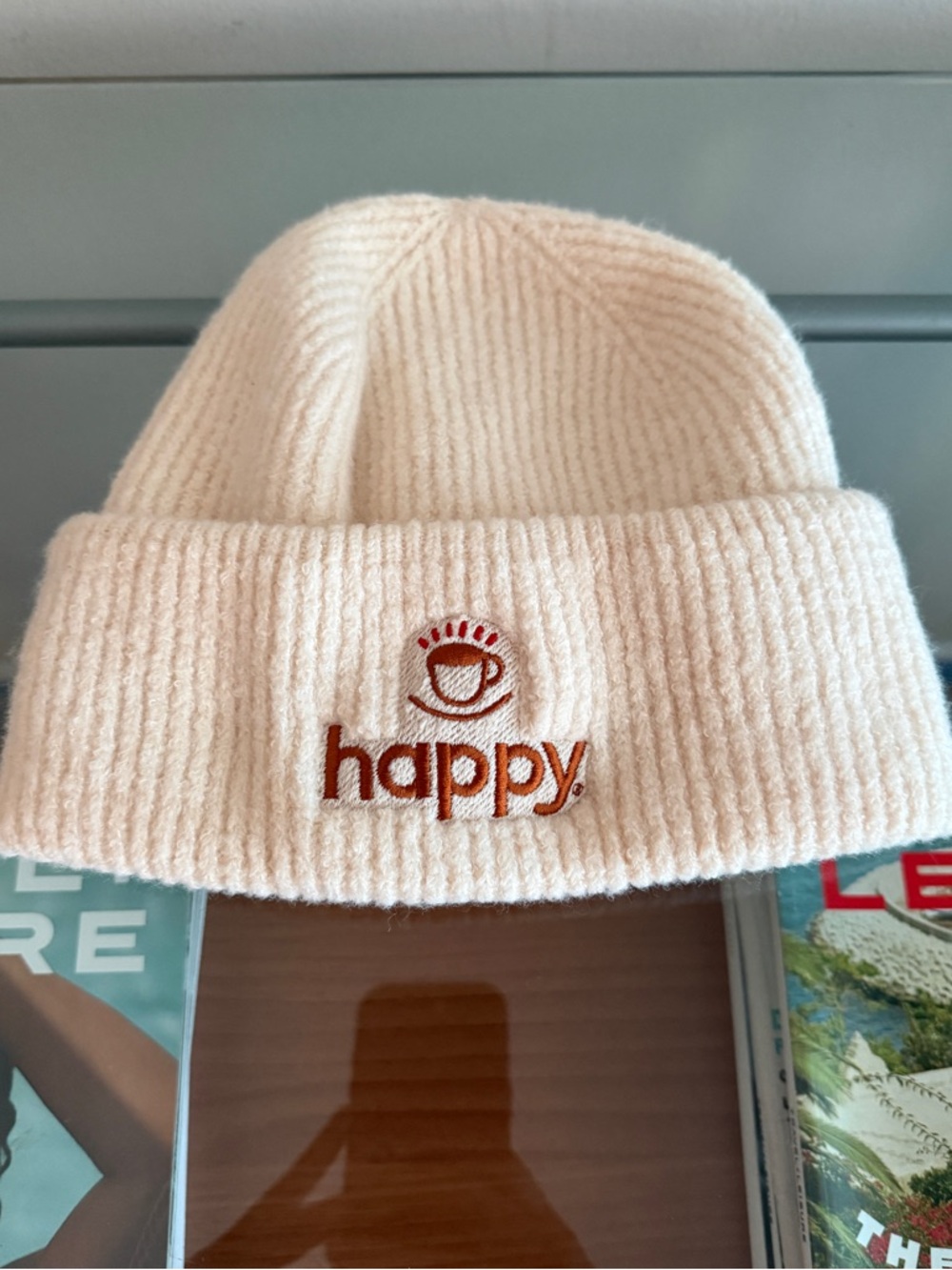 Ribbed Beanie with 'happy' Embroidered Logo